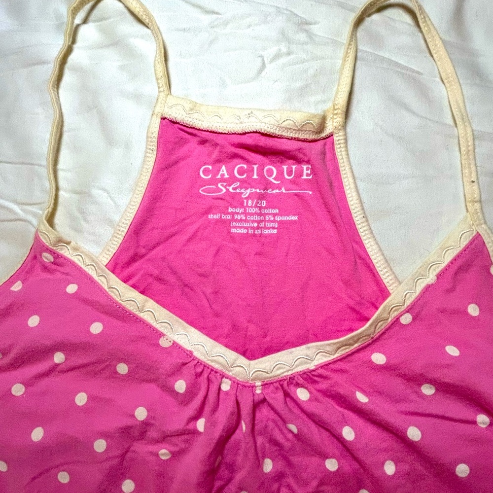 Cacique Pink Polka Dot Sleep Tank with Cream Trim